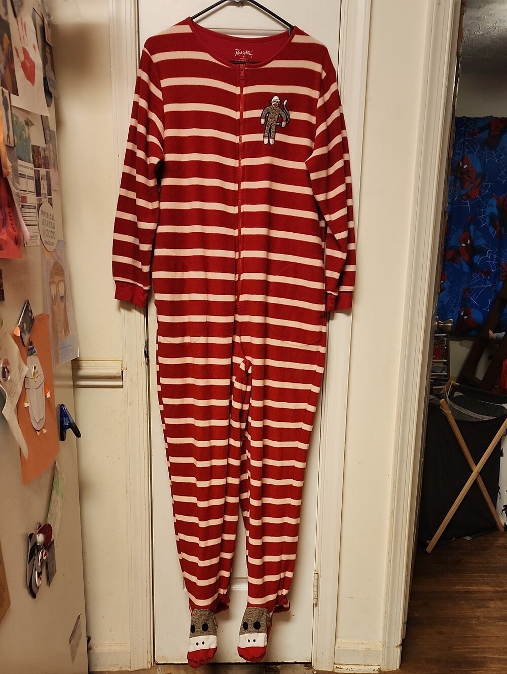 Nick & Nora - Red & White Striped Kids One-Piece Pajamas with Monkey Patch
